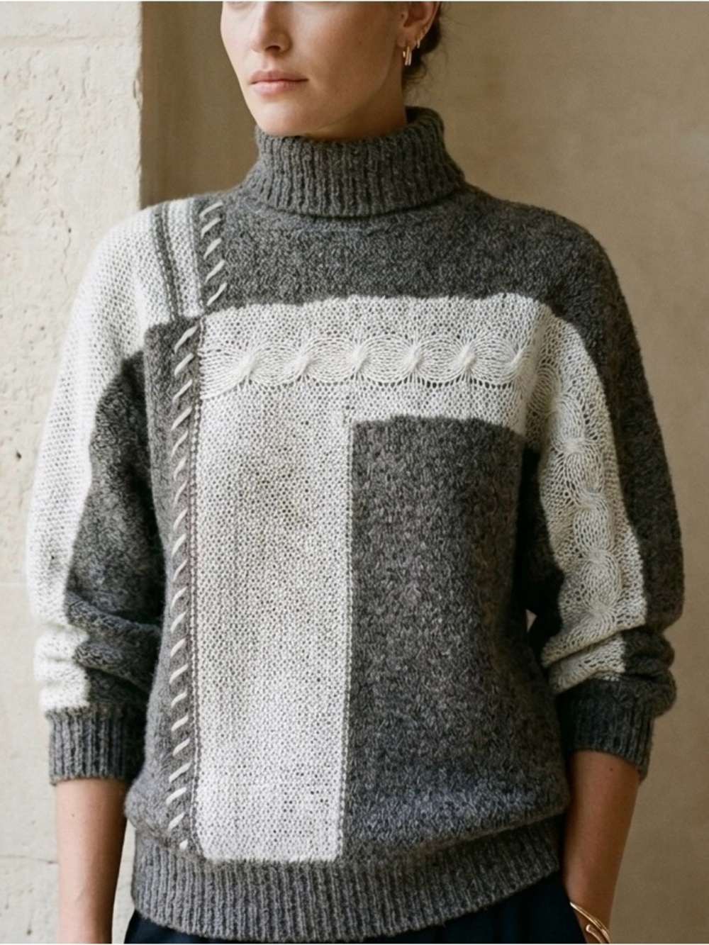 Vintage Grey White Knit Turtleneck Sweater Size Small 80s White Stag